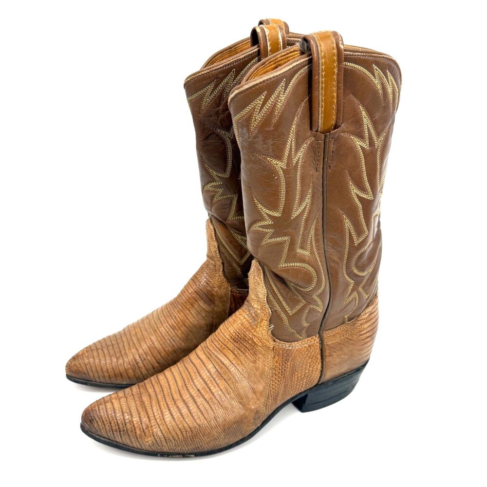 Tony Lama Mens Vintage Lizard Skin Western Cowboy Boots Brown Size 6.5 A NARROW